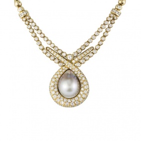 18k Yellow Gold Diamond and Pearl Necklace 6.85ct